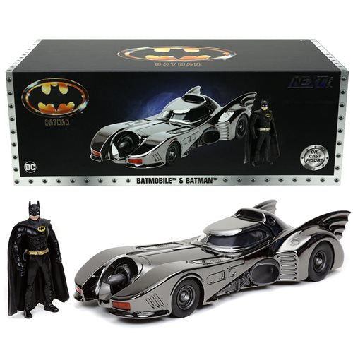 Batman 1989 Movie Batmobile Black Chrome Finish 1:24 Scale Die-Cast Metal Vehicle with Mini-Figure