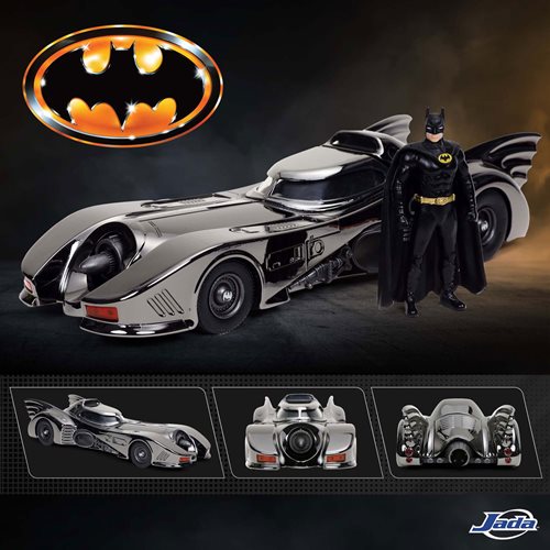 Batman 1989 Movie Batmobile Black Chrome Finish 1:24 Scale Die-Cast Metal Vehicle with Mini-Figure